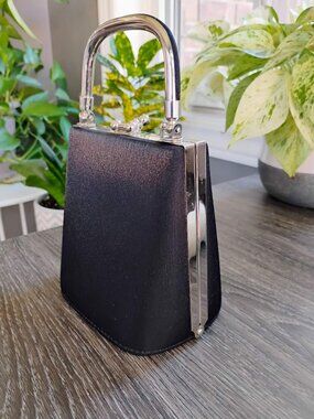 Vintage-Style Shimmer Nylon Stand-Up Clutch, "Sculptural Top-Handle Mini Bag."